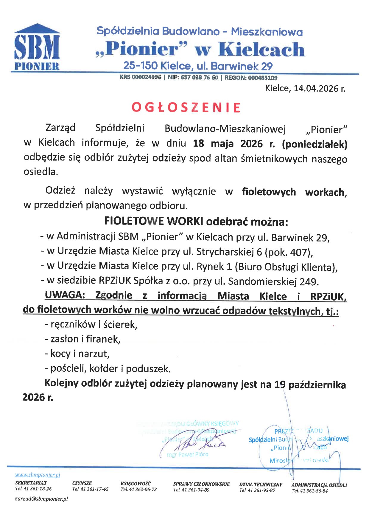 18 maja 2026 r. odbiór zużytej odzieży 1