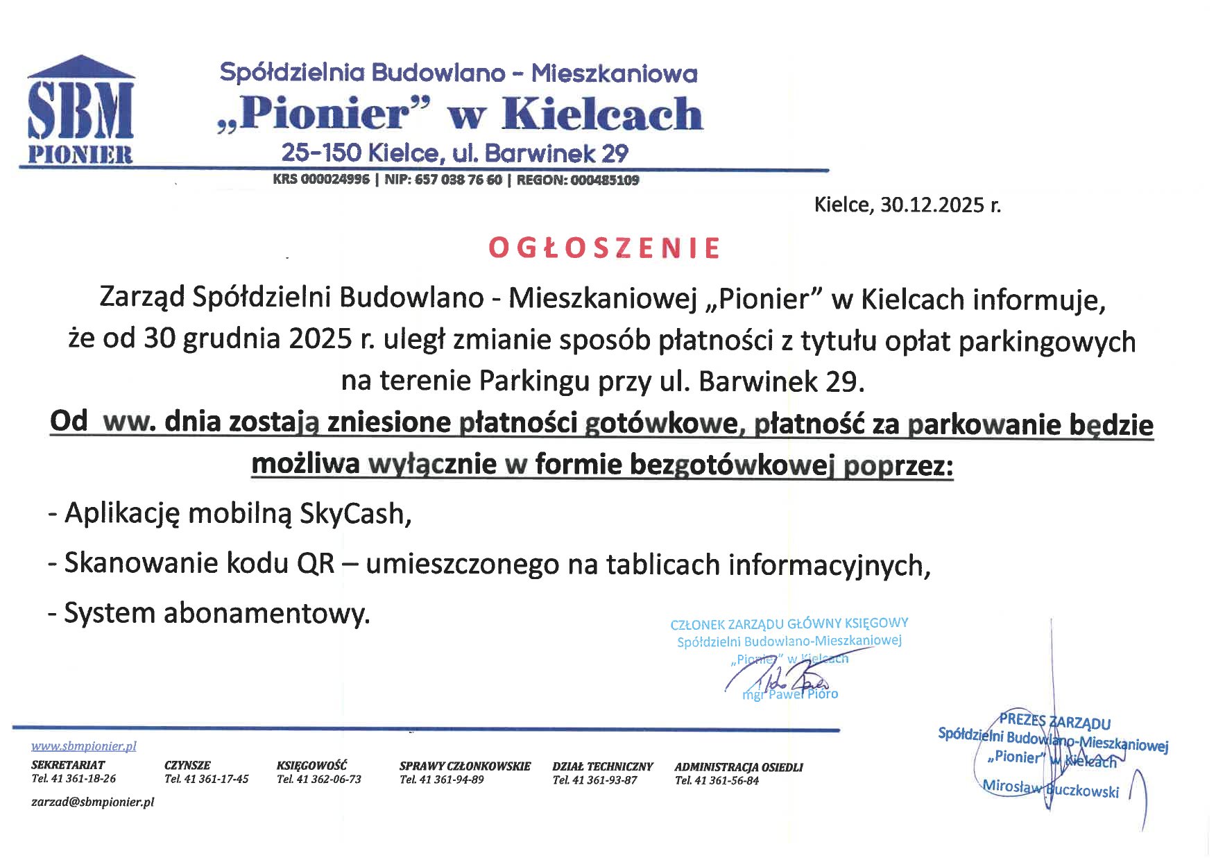 INFORMACJA O ZMIANIE SPOSOBU PŁATNOŚCI NA PARKINGU PRZY UL. BARWINEK 29 1