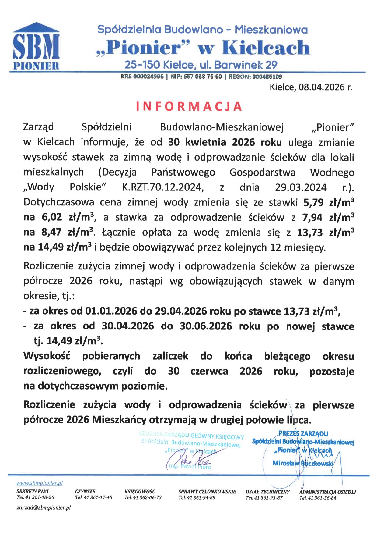 Informacja dotyczaca wysokości stawek za zimną wodę i odprowadzanie ścieków 1