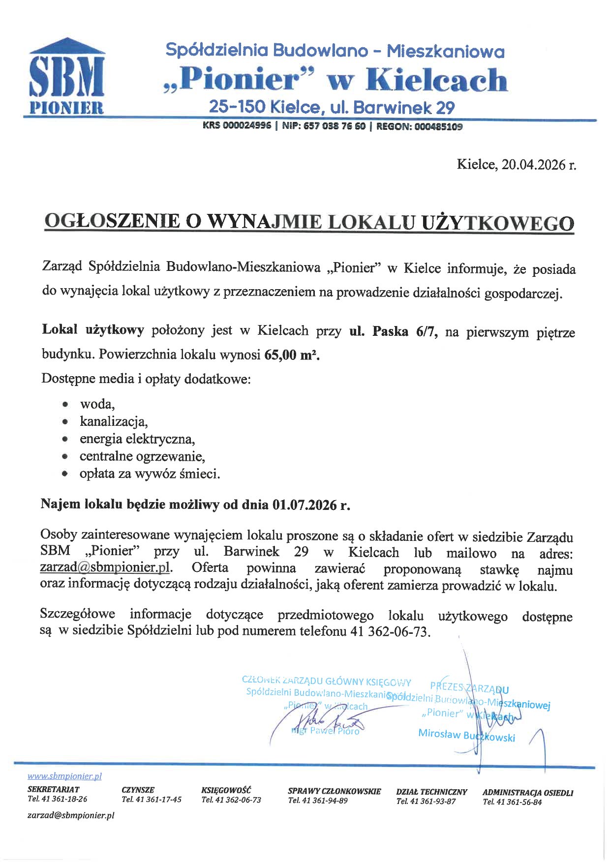 Ogłoszenie o wynajmie lokalu użytkowego Paska 6