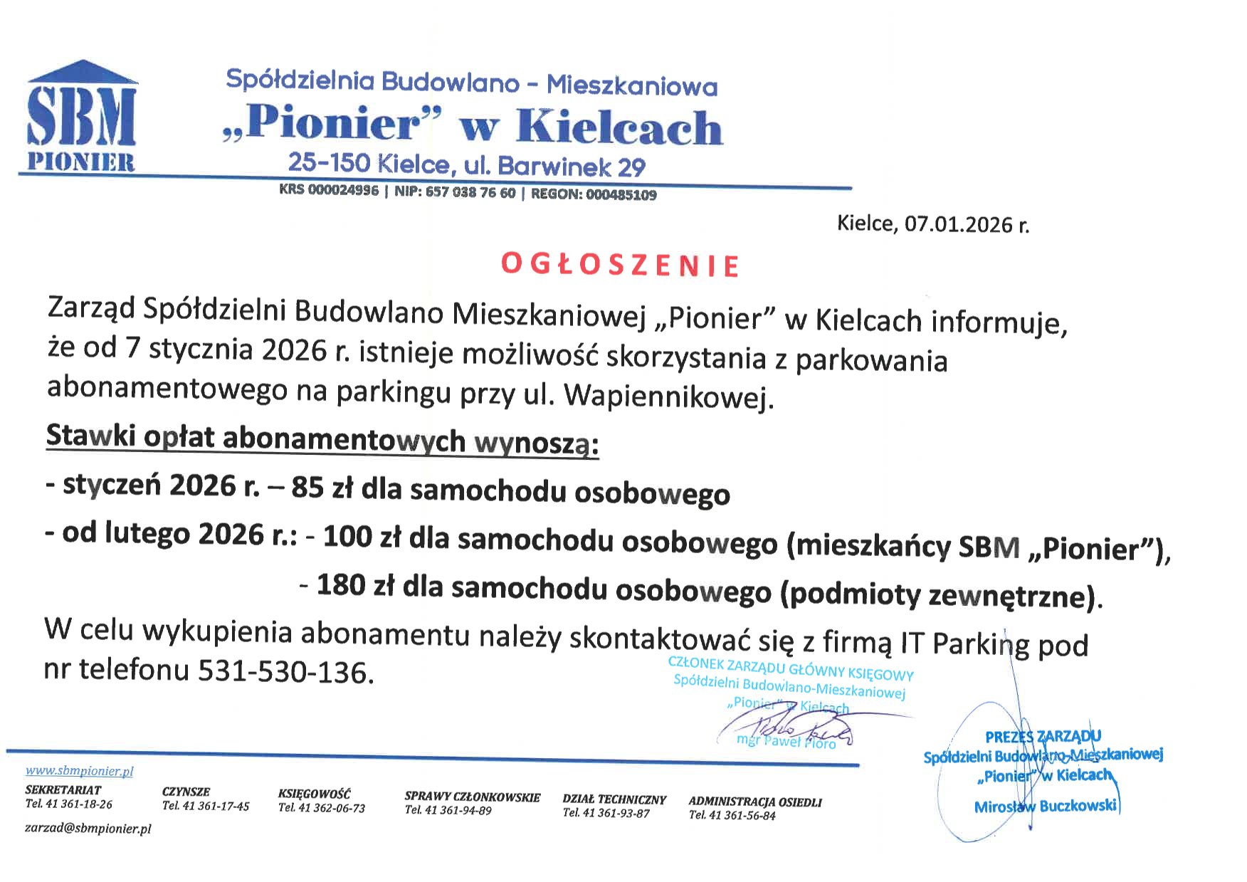 Stawki opłat abonamentowych na parkingu przy ulicy Wapiennikowej 1